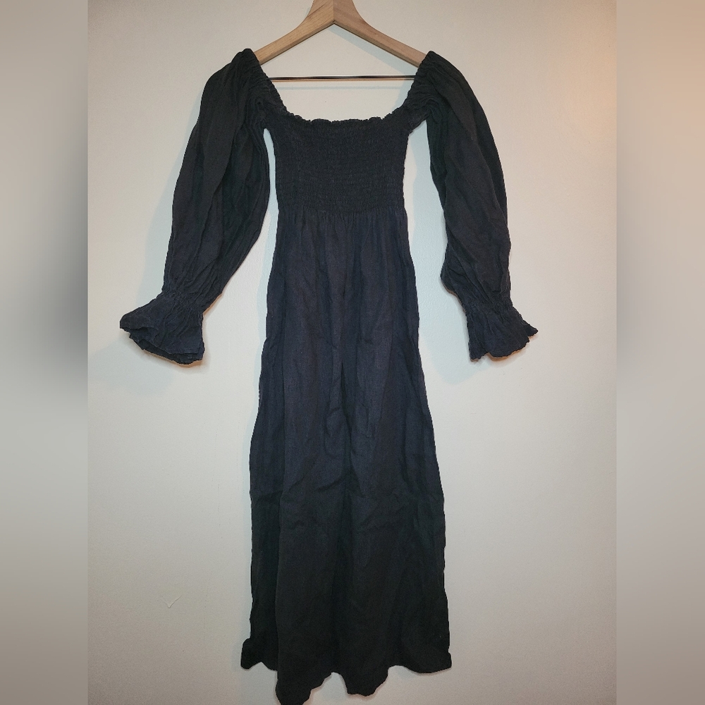 Sleeper 100% linen Atlanta smocked with puff sleeves midi dress, small - Picture 6 of 9